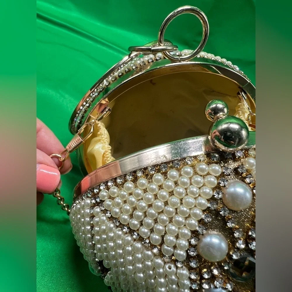 Unique Round beaded: Evening Clutch, wedding wristlet with long gold chain